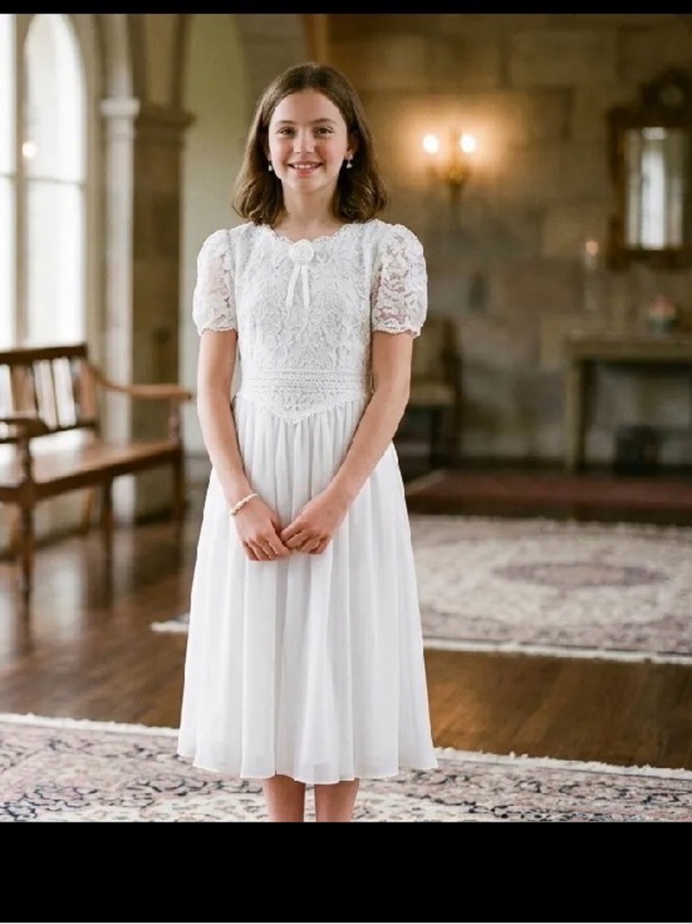 Jo Lene Vintage Girl's White  Lace Dress Flower Girl Confirmation Size 14